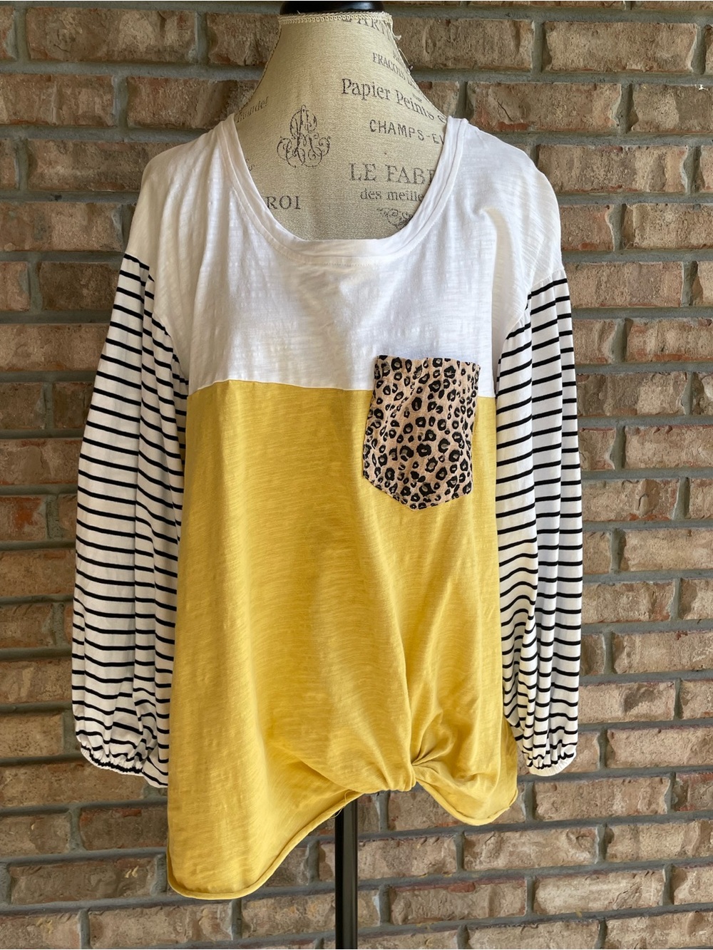 Umgee Yellow White Colorblock Long Sleeve Top with Leopard Pocket